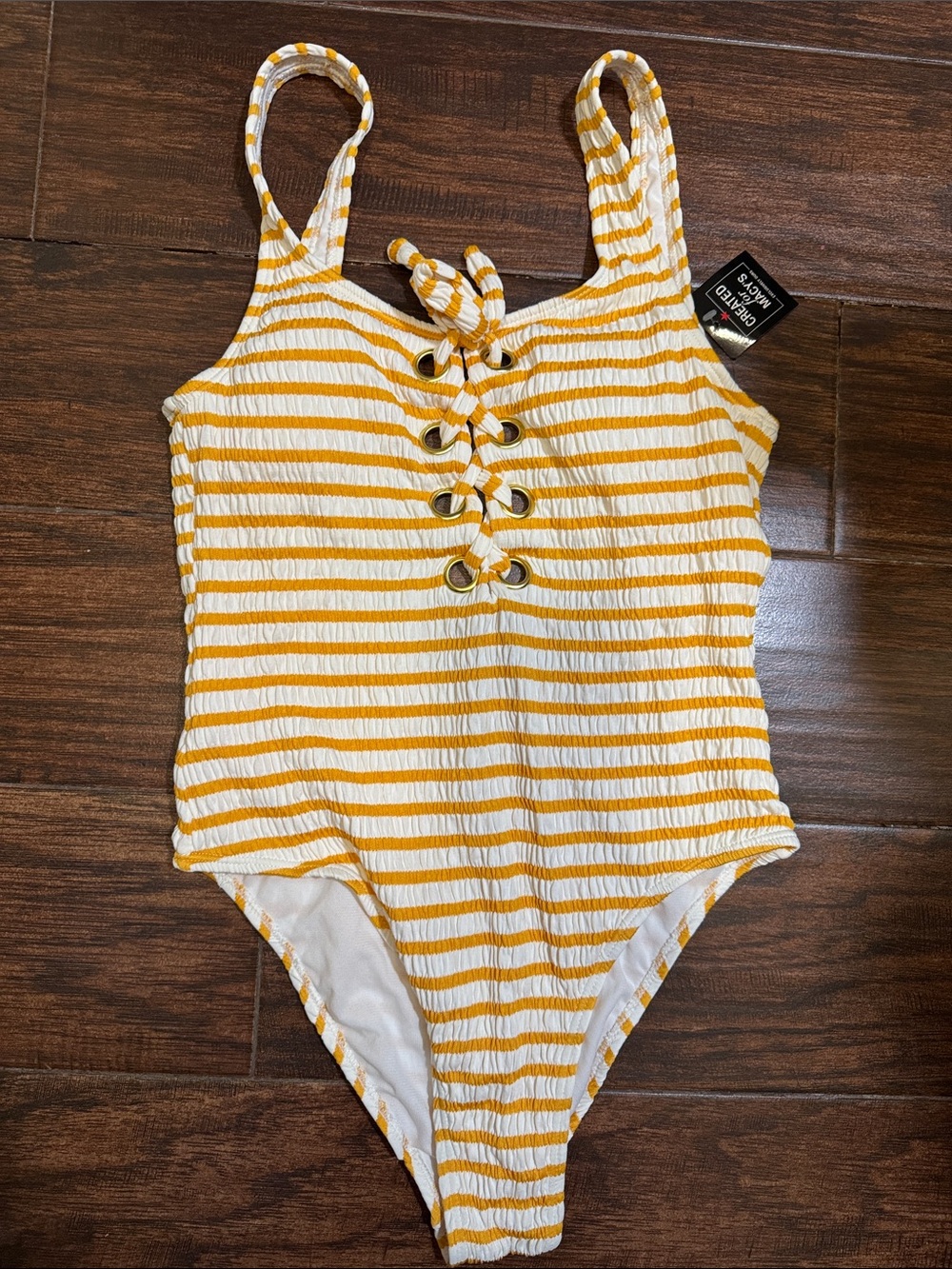 California Waves Yellow and White Striped Lace-Up One-Piece Swimsuit